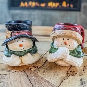 Mr and Mrs Snowman Tealight Candle Holders-Country Christmas-Rustic-3.75”H